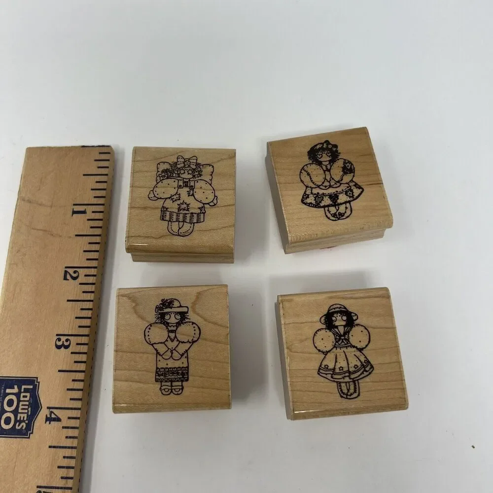 D.O.T.S. DOTS Lot (4) Wooden Rubber Stamp Set Little Country Angels 1.5